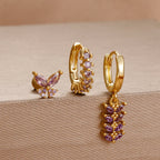 3pcs Purple Cubic Zirconia Piercing Earring Set Stainless Steel