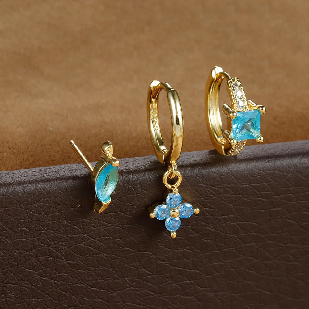 3PCS Stainless Steel Flower Crystal Zirconia Hoop Earrings Square