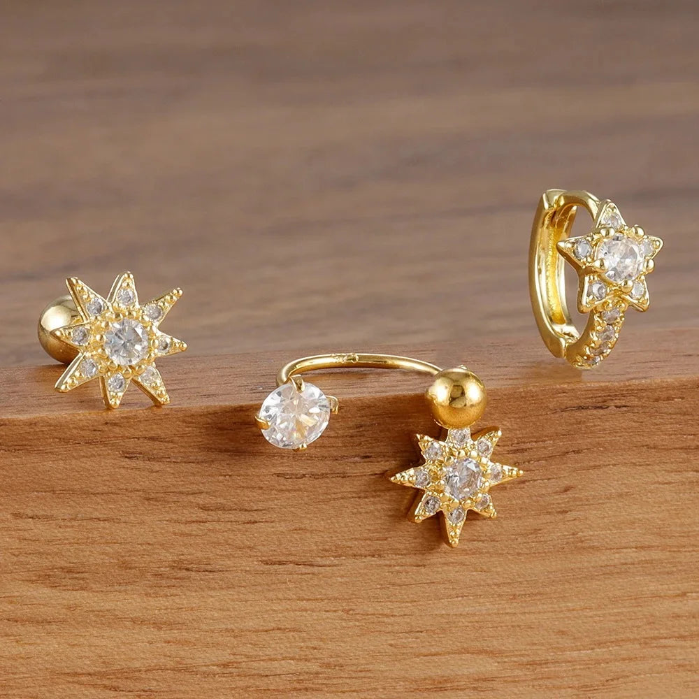 3PCS Gold Sparkling Zircons Star Dangle Earrings Set for Women