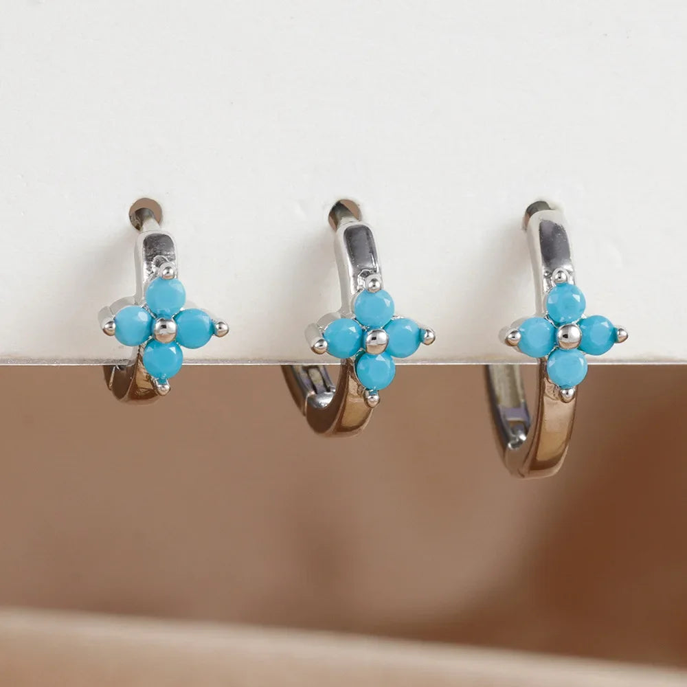 3PCS Simple Flower Zircon Hoop Earrings 18K Gold Plated Steel