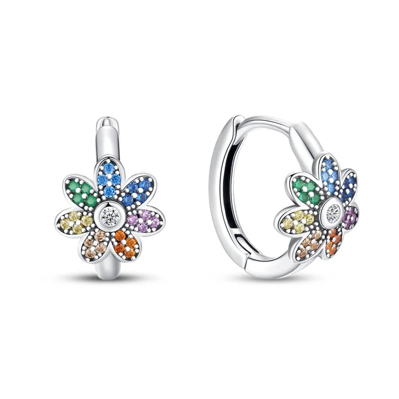 925 Sterling Silver Flower Plant Zircon Circle Hoop Earrings Jewellery Gift