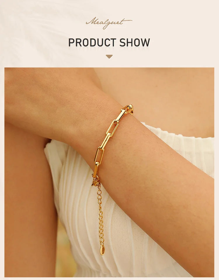 6mm Paperclip Chain Bracelet 18k Gold Plated Stainless Steel Link Adjustable Stackable Jewelry for Women Girls Gift