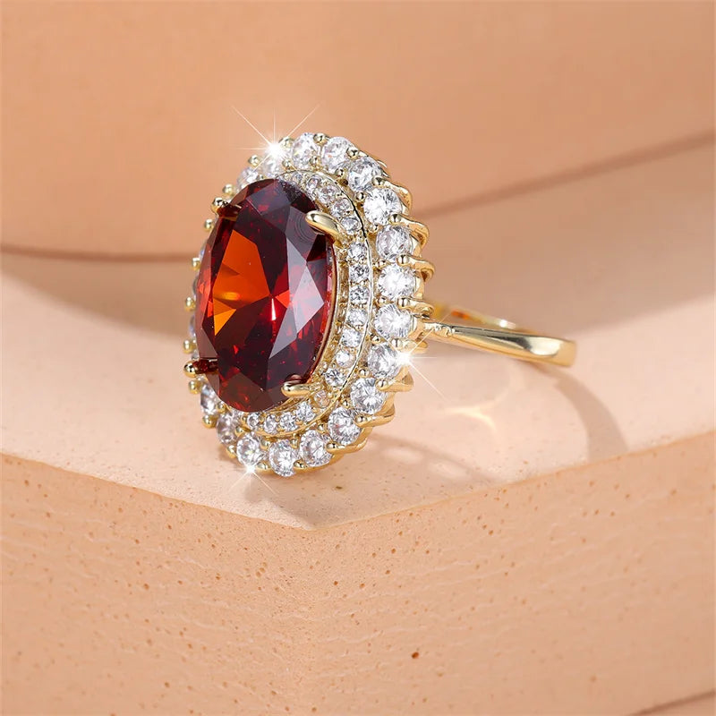 Female Luxury Big Red Stone Oval Wedding Bands Antique Gold Color Vintage Zircon Adjustable Engagement Cocktail Ring Jewelry CZ