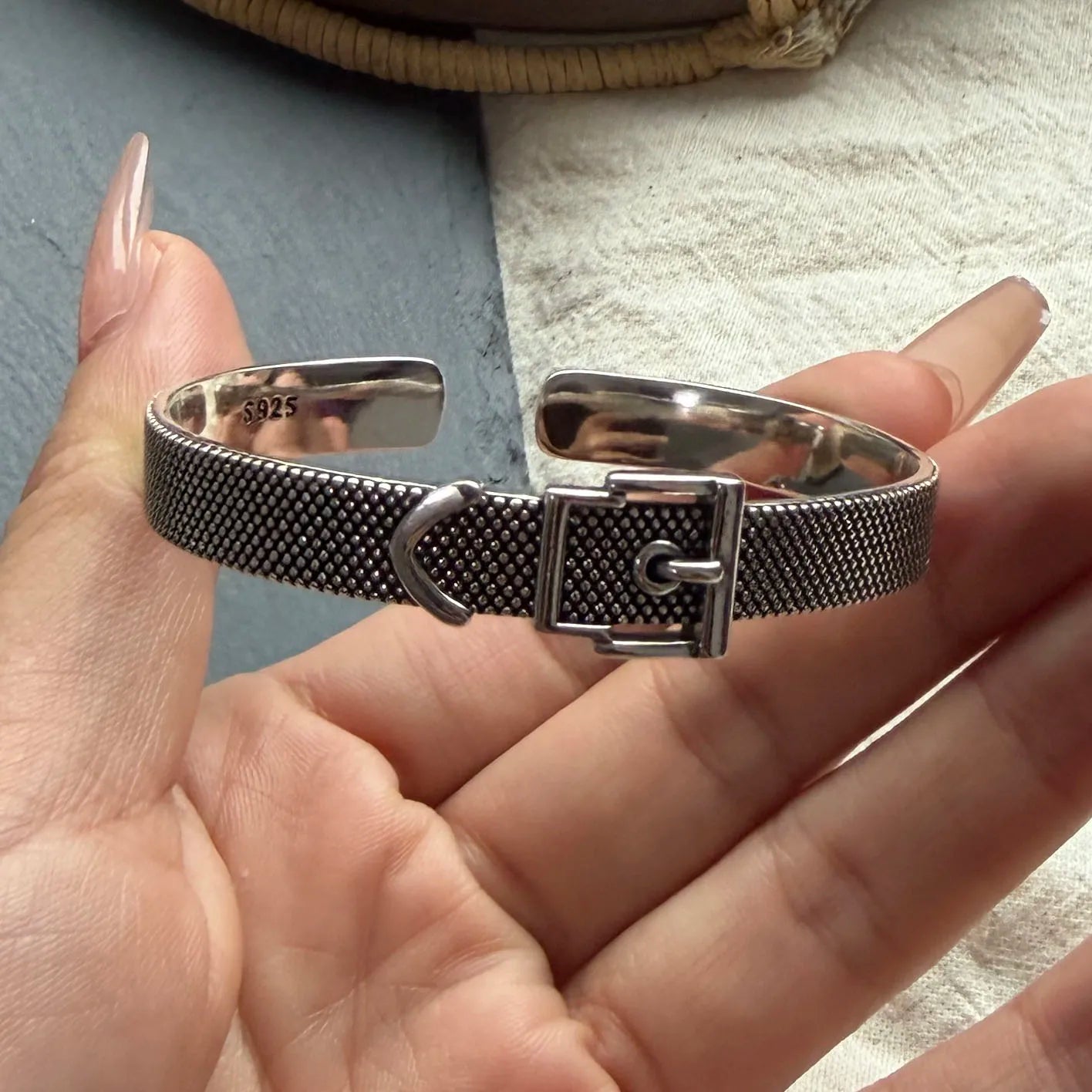 100% Solid 925 Sterling Silver Metal Bracelet for Women Men Vintage Black Stone Letters Handmade Simple Birthday Gift