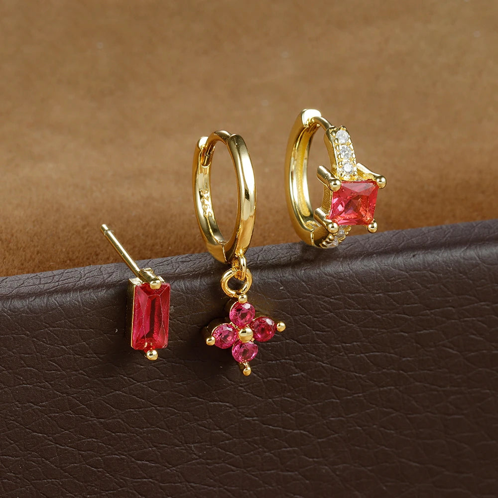 3PCS Stainless Steel Flower Crystal Zirconia Hoop Earrings Square