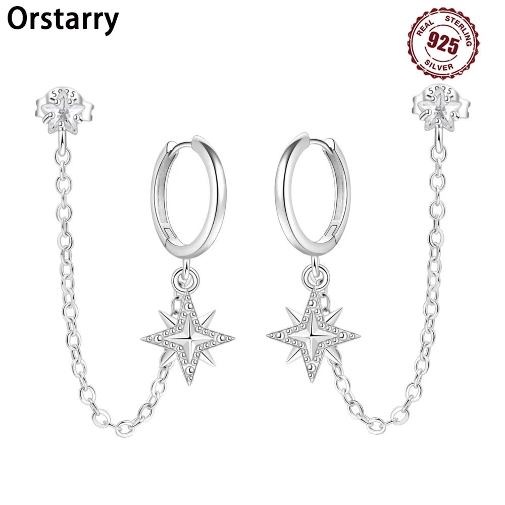 925 Sterling Silver Octagonal Tassel Versatile Hoop Earrings Birthday Gift