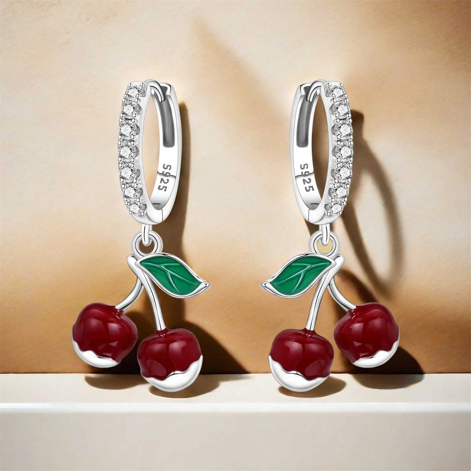 925 Sterling Silver Red Cherry Fruit Key Lock Drop Earrings Trendy Jewellery