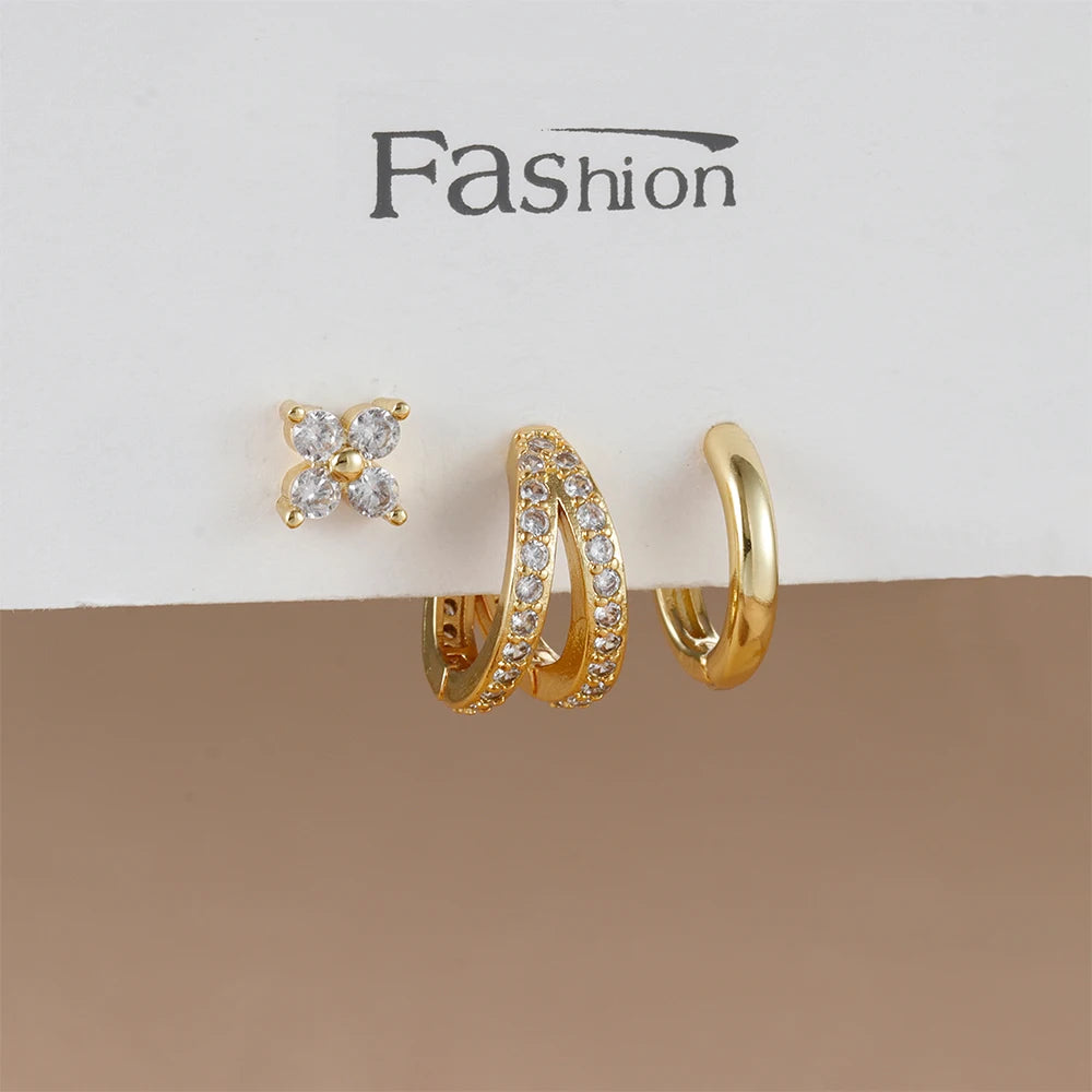 3PCS Trendy Double-layer Circle Cubic Zircon Star Hanging Earrings