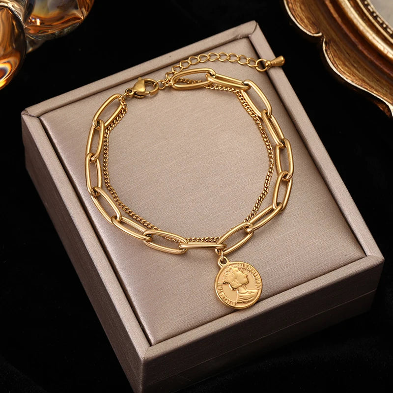Gold Colour Multilayer Stainless Steel Charm Bracelet Men Women Bangle