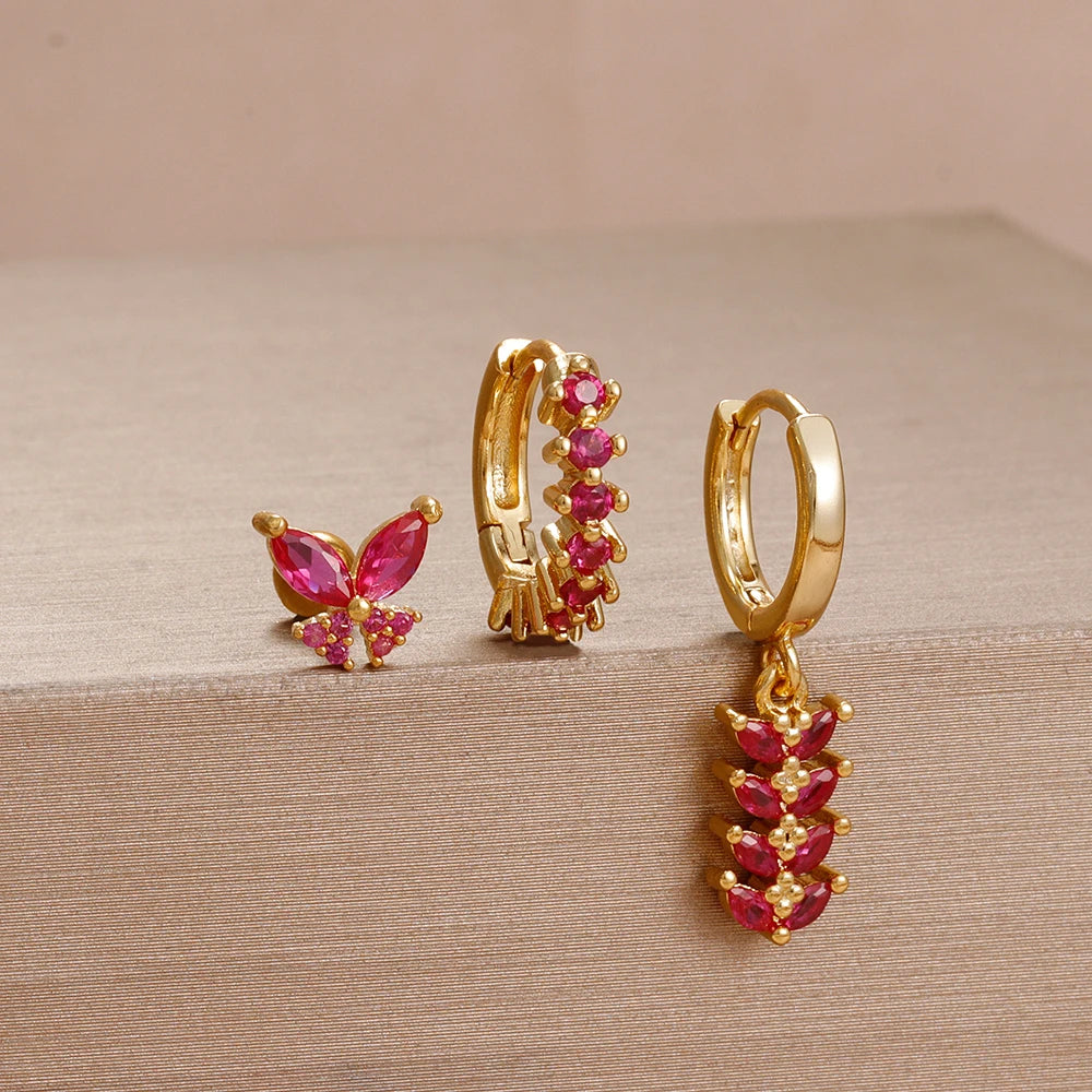 3PCS Unique Stainless Steel Earrings Set Rose Red Crystal Zircon