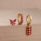 3PCS Unique Stainless Steel Earrings Set Rose Red Crystal Zircon