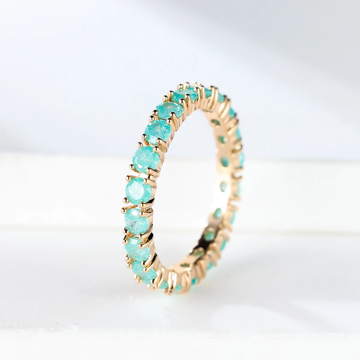 Fashion Single Row Stone Blue Green Pink Ice Flower Zircon Stacking Engagement Rings For Women Gold Color Round Wedding Bands