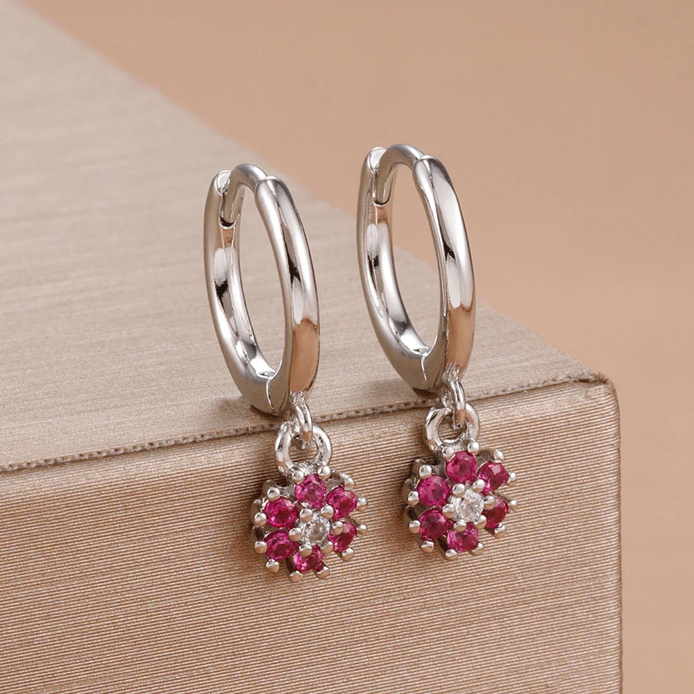 Exquisite Colourful Crystal Flower Hoop Earrings Stainless Steel