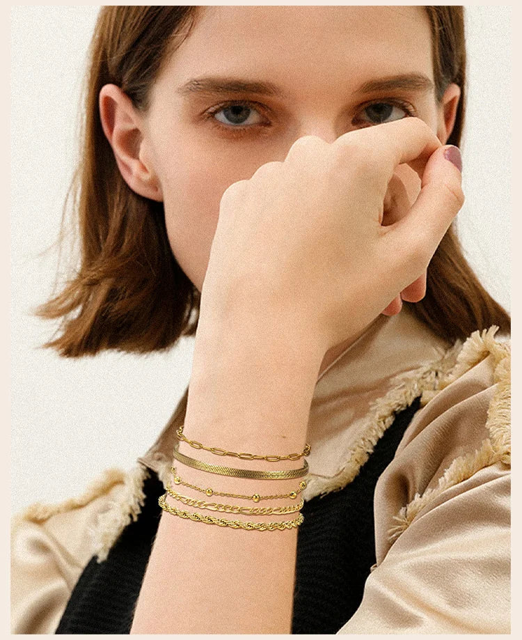 Gold Plated Bracelets Set for Women, 5pcs Chain Link Stainless Steel Statement Bracelet Stackable Layered Jewelry Adjustable