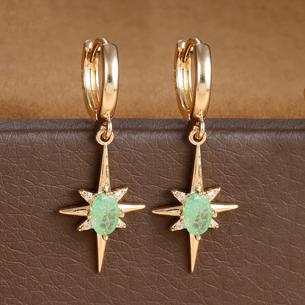 2PCS Simple Stainless Steel Star Hoop Earrings Gold Colour Zirconia