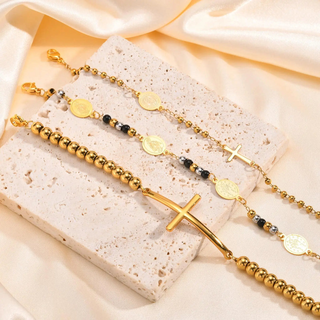 Beads Chain Virgin Mary Bracelet For Women, Stainles Steel Rosary Cross Bracelets, Gold Plated Faith Jewelry Gift