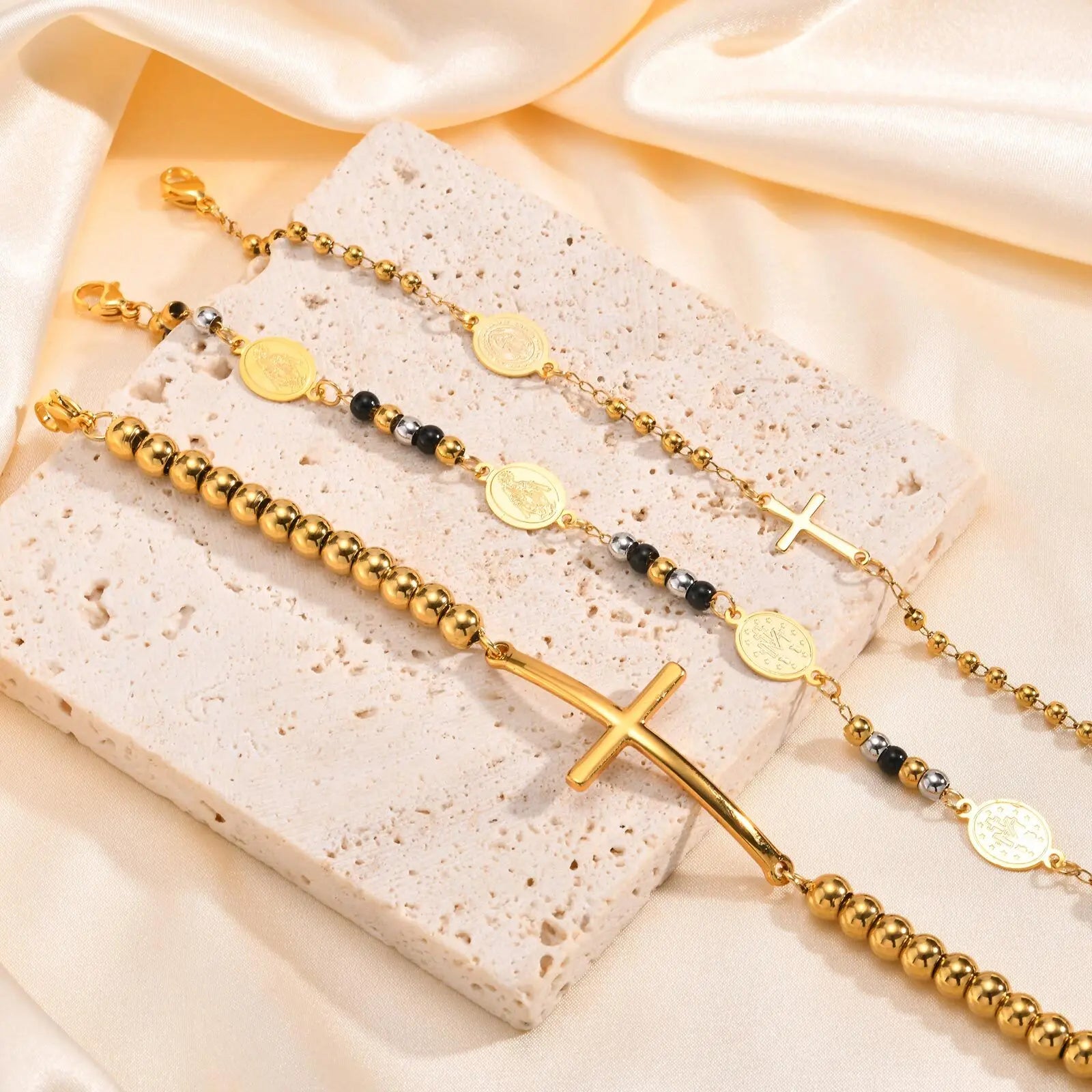 Beads Chain Virgin Mary Bracelet For Women, Stainles Steel Rosary Cross Bracelets, Gold Plated Faith Jewelry Gift