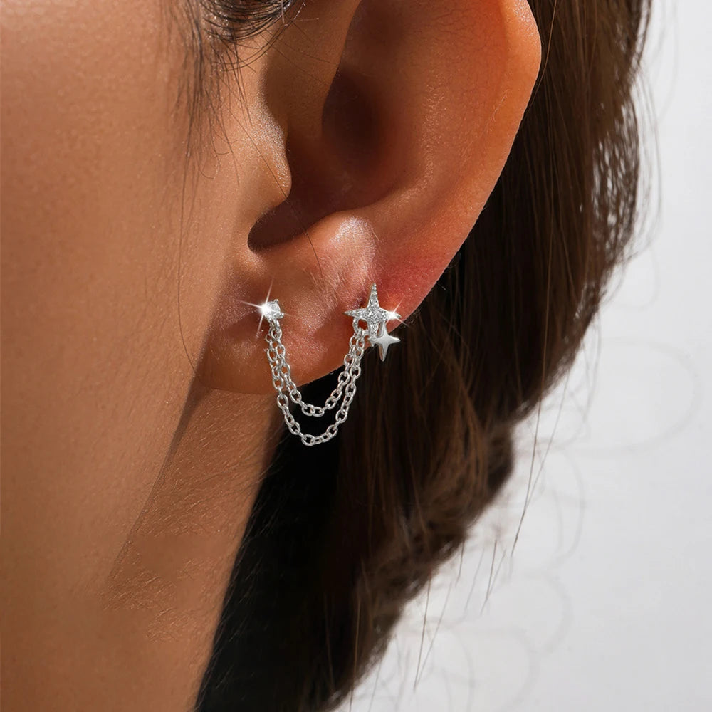 1Piece Stainless Steel Chain Tassel Star Earrings Double Piercing