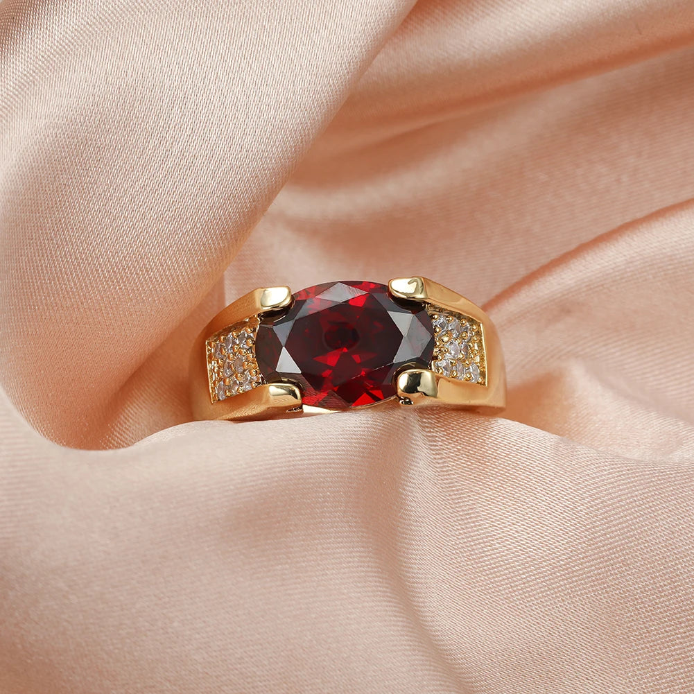 Unisex Female Male Oval Red Stone Rings For Women Men Gold Color Luxury Zircon Wedding Bands Engagement Ring Party Jewelry Gifts