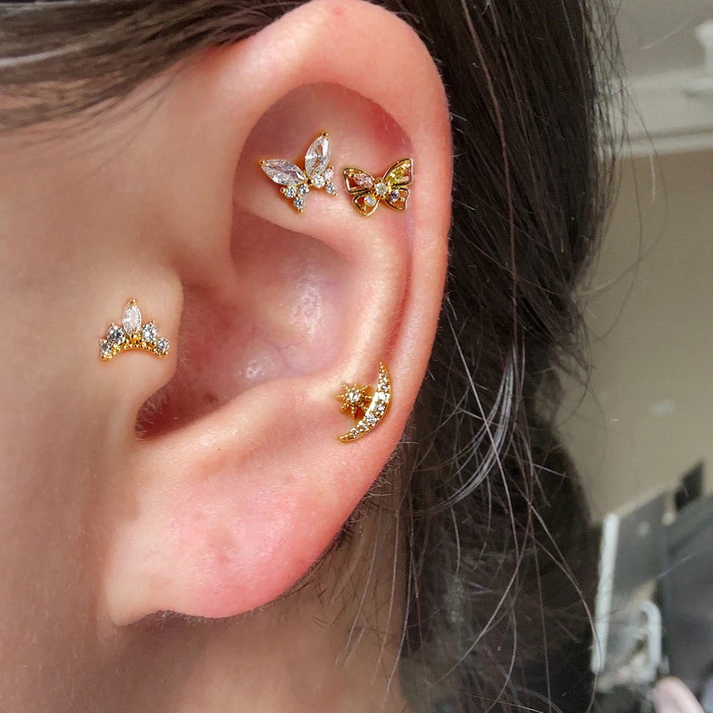 Vintage Gold Plated Stainless Steel Butterfly Studs Snowflake Zircon