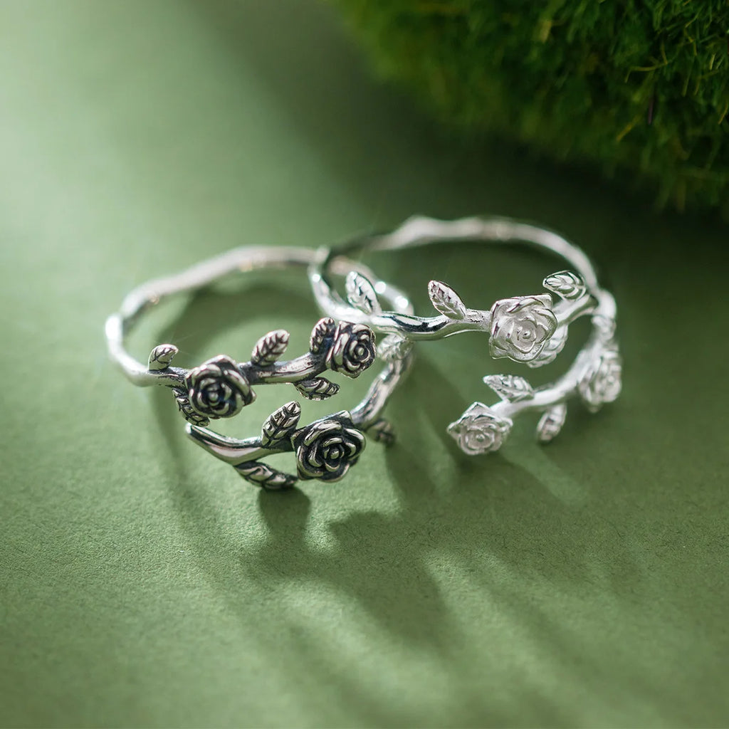 925 Sterling Silver Roses Branch Adjustable Ring Engagement Wedding Female Luxury Accessory