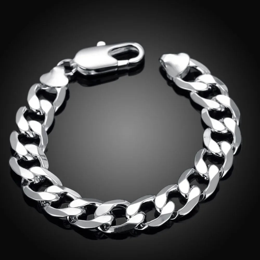 12mm Flat Sideways Chain Bracelet 925 Sterling Silver Men Women Party Gift