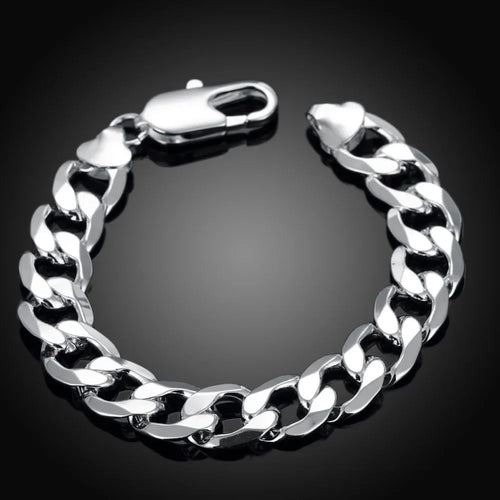 12mm Flat Sideways Chain Bracelet 925 Sterling Silver Men Women Party Gift