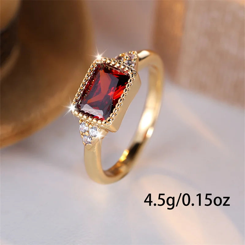 Delicate Girls Small Rectangle Red Zircon Stone Wedding Bands Antique Gold Color Stacking Rings For Women Index Finger Jewelry