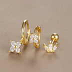 3PCS Vintage Design Four Flower Zircon Hoop Earrings Set Steel