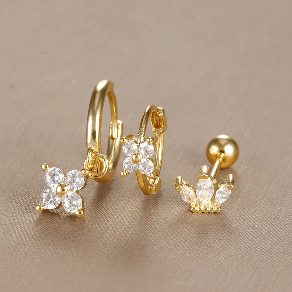 3PCS Vintage Design Four Flower Zircon Hoop Earrings Set Steel