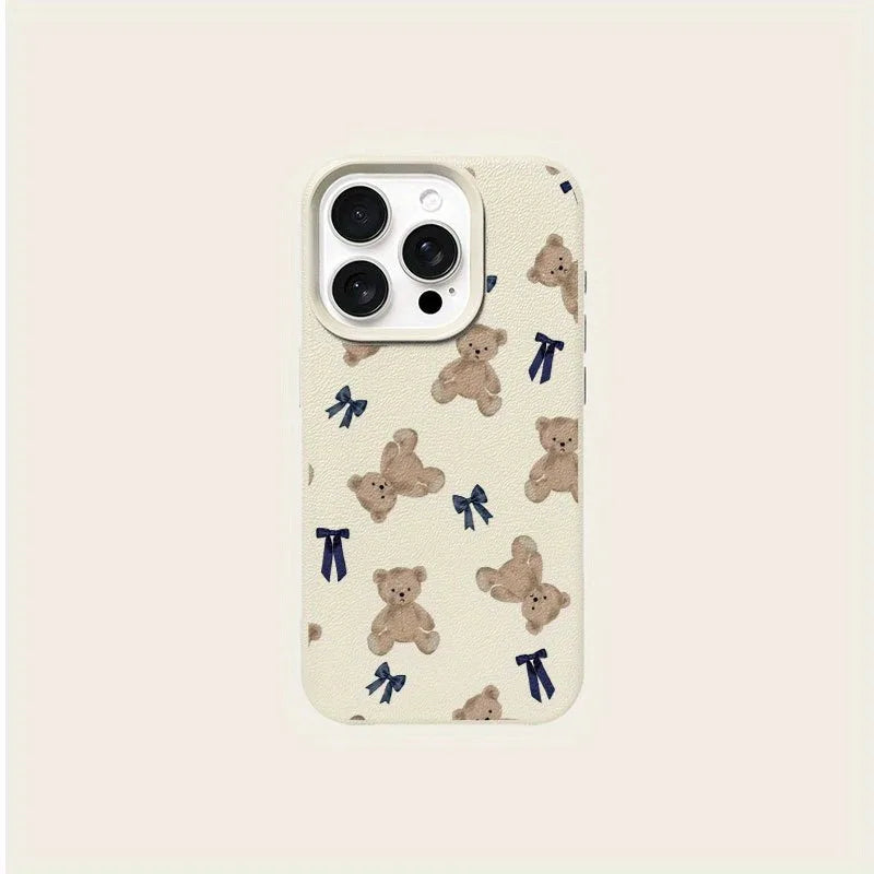 Cute Little Bear Bow Lychee Case for iPhone 17 16 15 14 Pro Max Plus