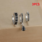 3PCS Stainless Steel Gold Plated Hoop Earrings Zircon Pendant
