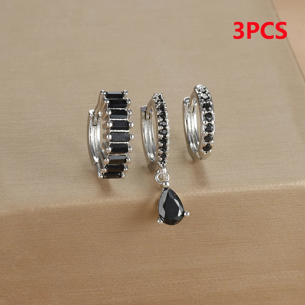 3PCS Stainless Steel Gold Plated Hoop Earrings Zircon Pendant