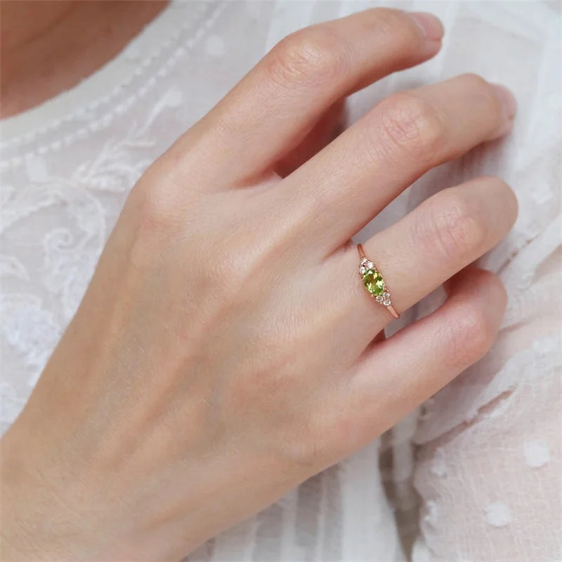 Small Olive Green Stone Ring Rose Gold Color Oval Zircon Minimalist Stacking Thin Rings For Women Party Wedding Bands Jewelry CZ