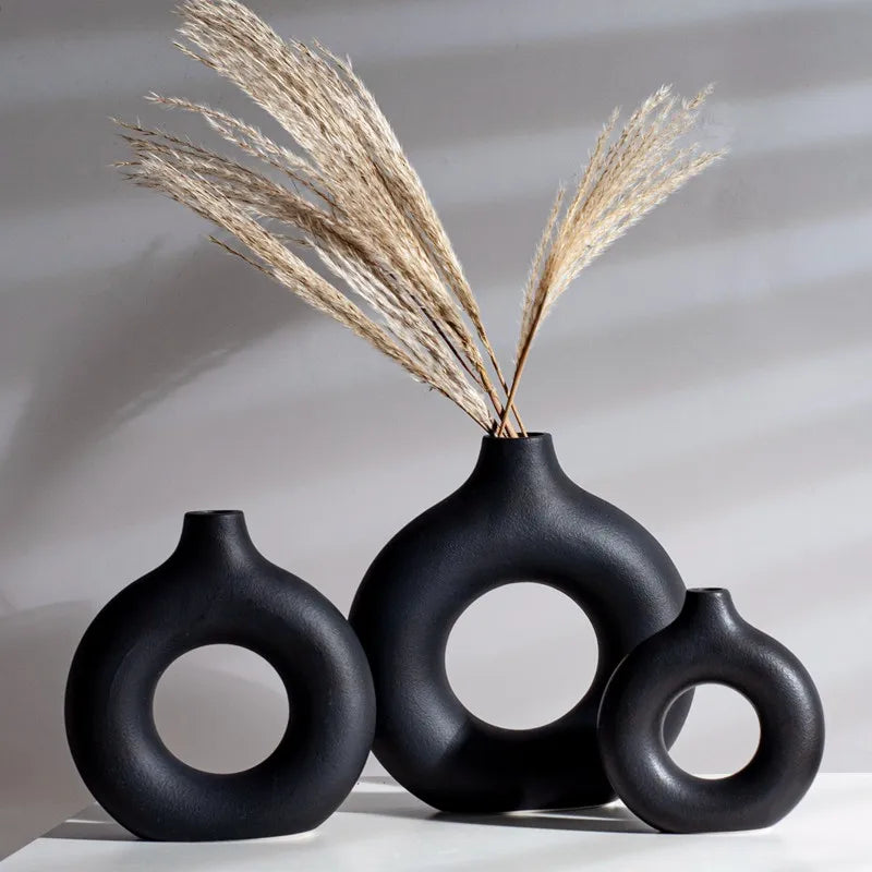 Circular Hollow Ceramic Vase Donuts Nordic Art Pampas Grass Home Decoration Office