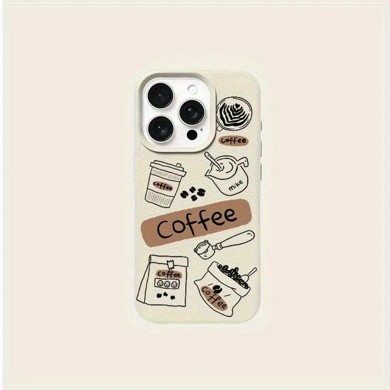 Winter Coffee Pattern Lychee Case for iPhone 17 16 15 14 Pro Max