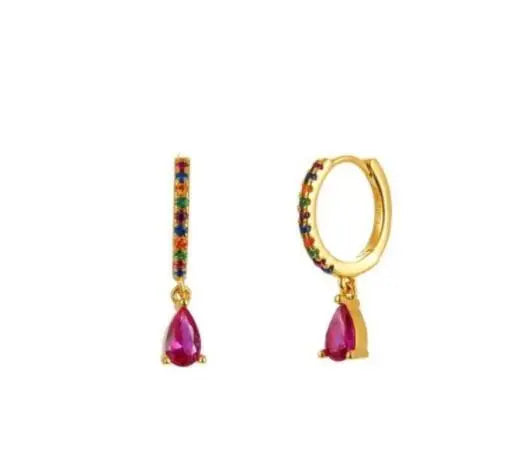 2PCS Stainless Steel Zirconia Small Hoop Earrings Water Drop Pendant