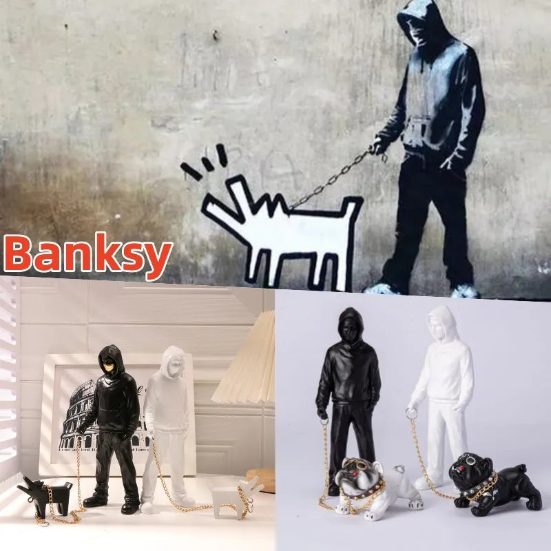 The Man Leading Dog Sculpture Banksy Statue Street Modern Pop Art Bar Decoration