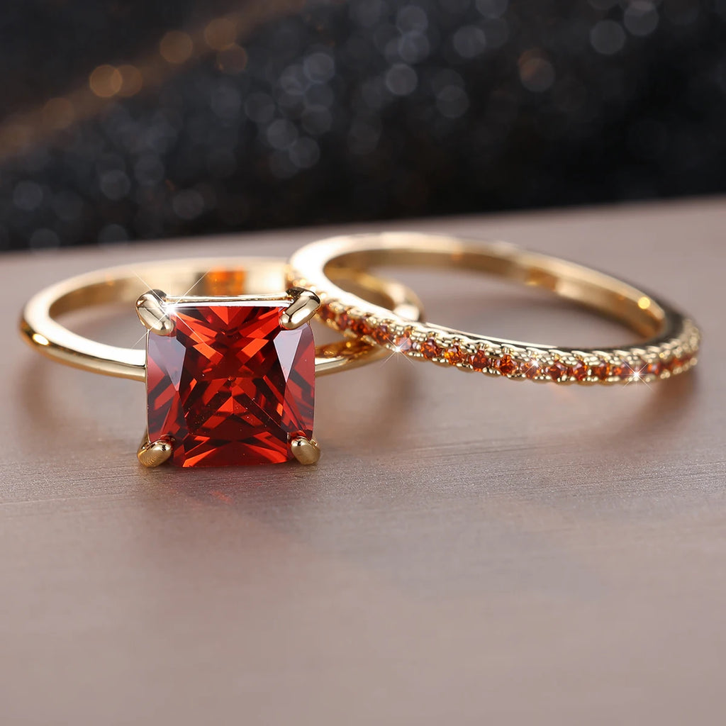 Princess Cut Red Green Stone Square Zircon Bridal Wedding Sets Gold Color Stacking Engagement Rings For Women Mothers Day Gifts