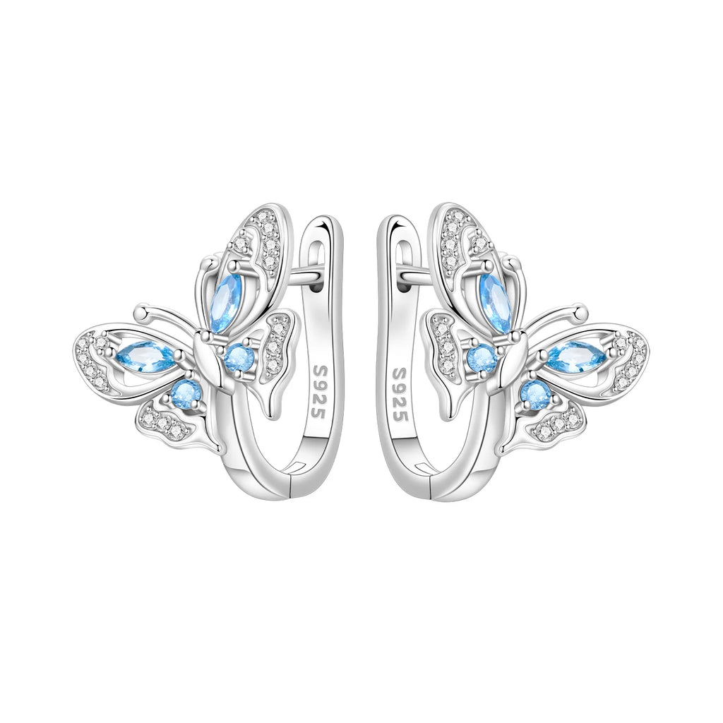 925 Sterling Silver Minimalist Blue Zircon Hoop Earrings Anniversary Gift