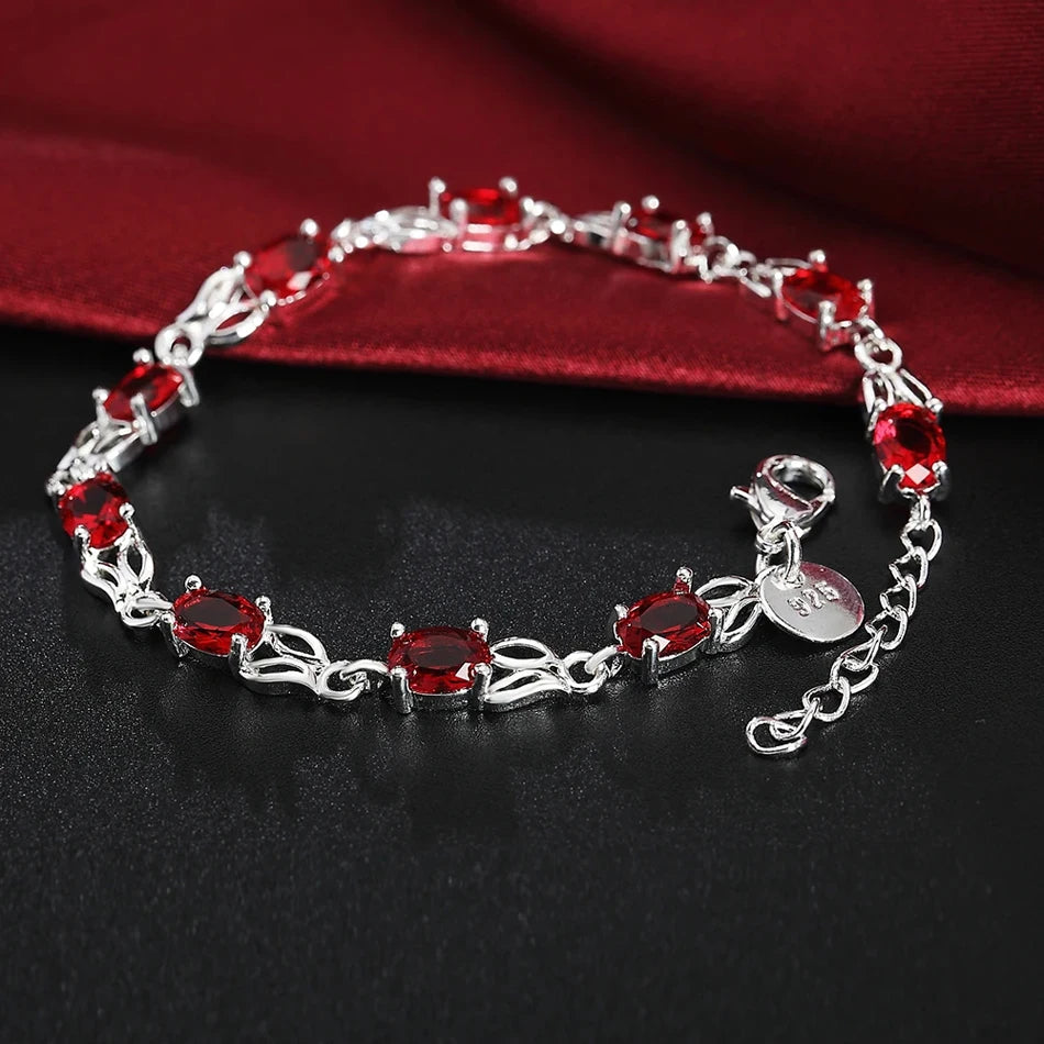 Red Crystal Chain Bracelet 925 Sterling Silver Women Fashion Wedding Gift