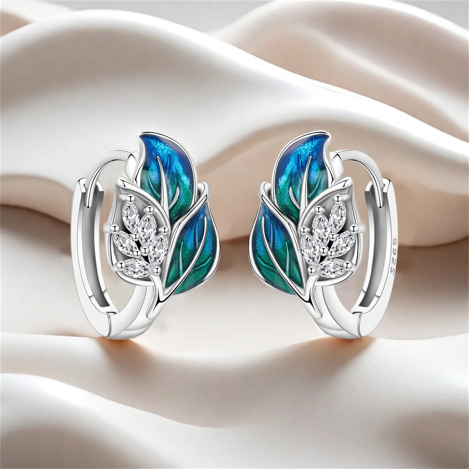 925 Sterling Silver Blue Leaf Plant Ear Studs Hoop Earrings Jewellery Gift