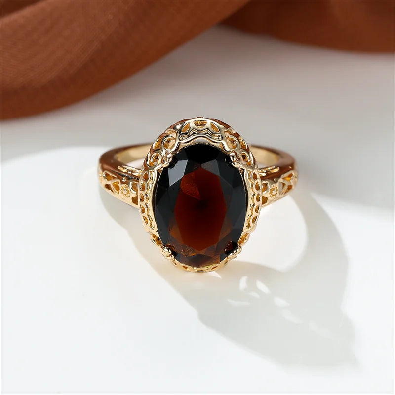 Retro Oval Cut Big White Brown Stone Rings For Women Men Gold Color Luxury Female Male Couple Ring Wedding Bands Party Jewelry