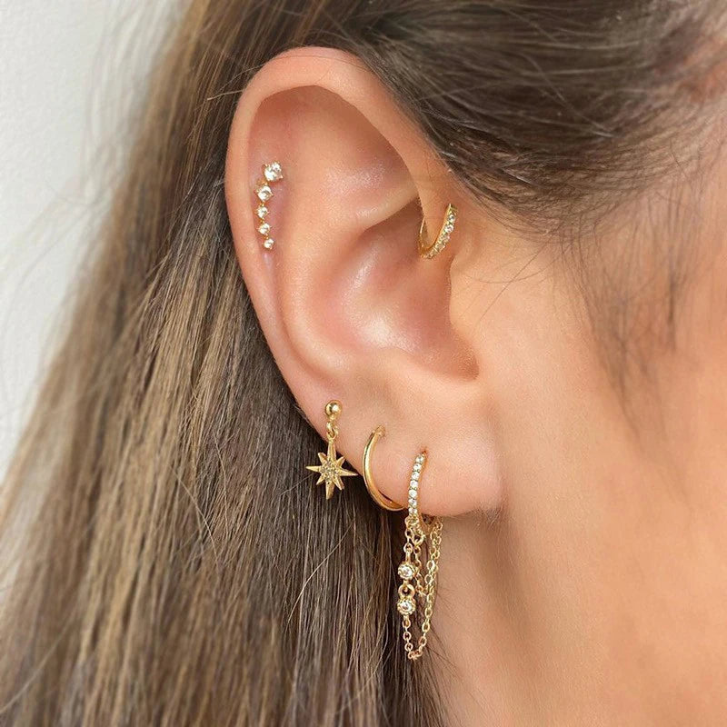 2PCS Gold Colour Crystal Zirconia Chain Hoop Earrings Small Pendant