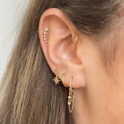 2PCS Gold Colour Crystal Zirconia Chain Hoop Earrings Small Pendant