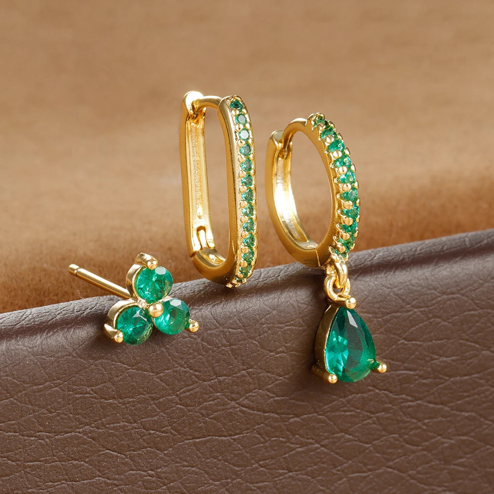 3PCS Water Drop Huggie Hoop Earrings Three-petal Flower Studs