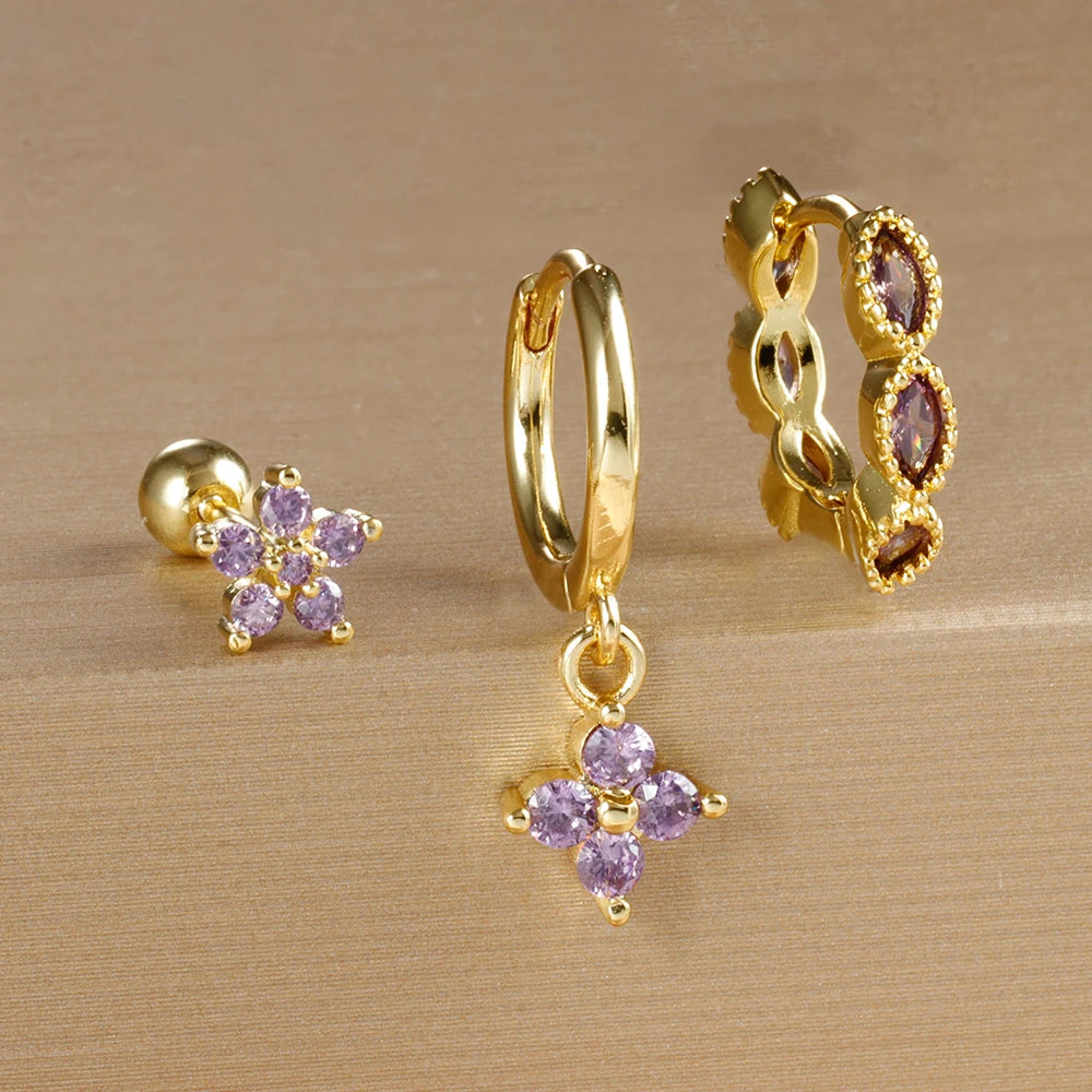 3PCS Gold Colour Chain Flower Drop Earrings Zircon Dangle Earring