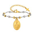 Two Tone Stainless Steel Virgin Mary Bracelet for Women, Rosary Beaded Cross Bracelets, Non Tarnish Religious Jewelry