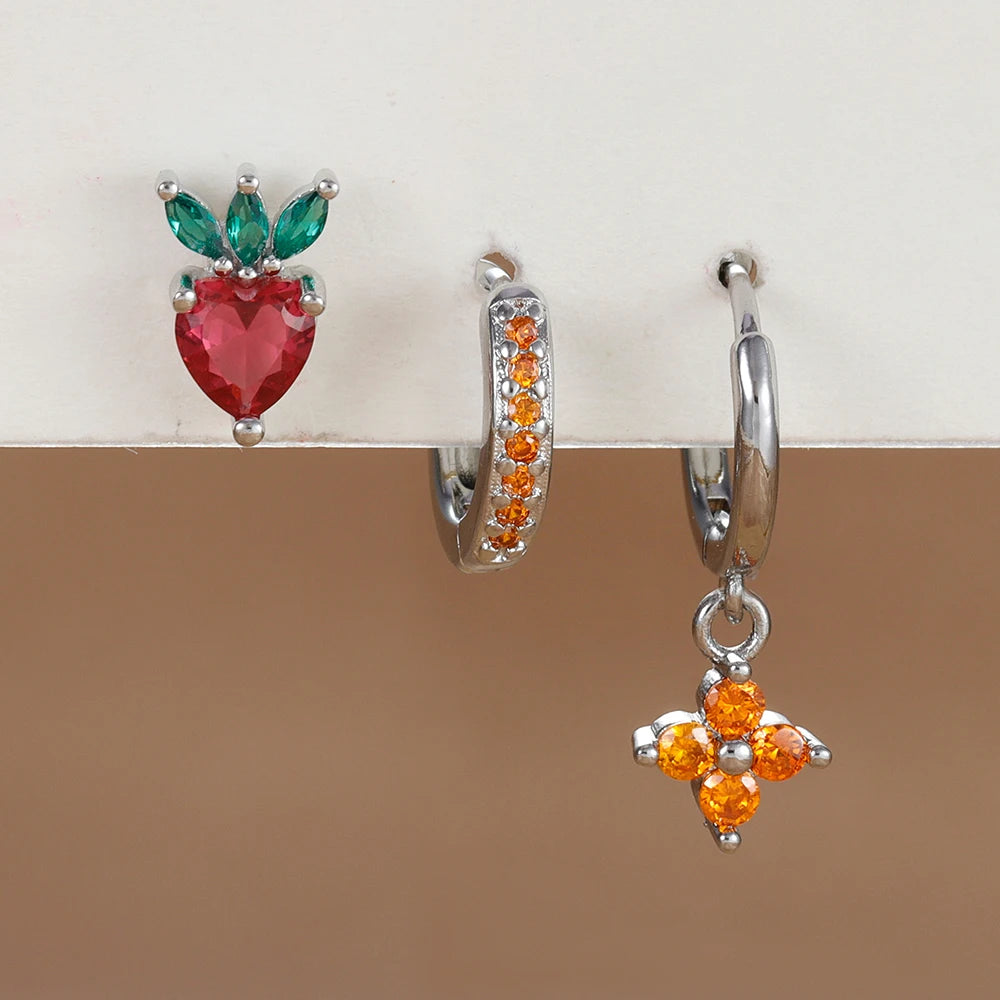 3PCS Stainless Steel Orange Zirconia Flower Pendant Hanging Earrings Set