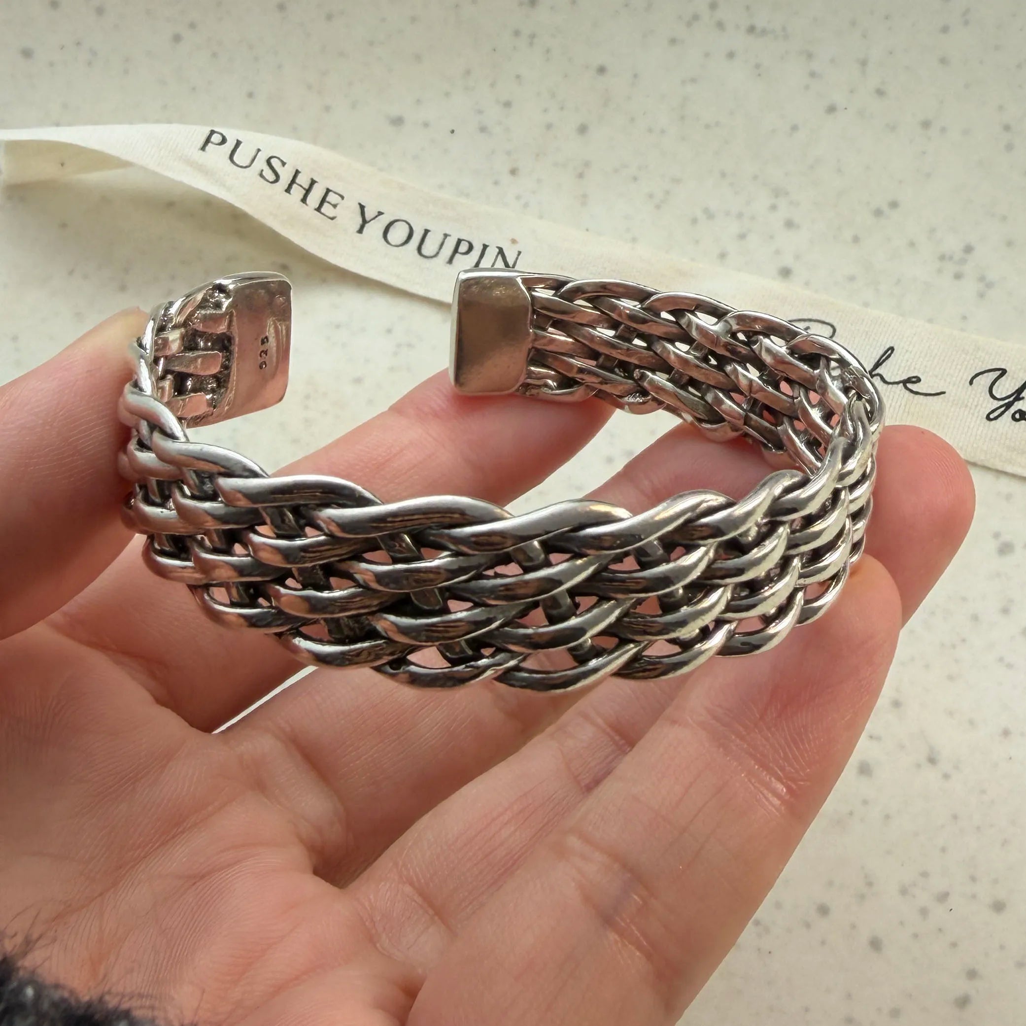 100% Solid 925 Sterling Silver Metal Bracelet for Women Men Vintage Black Stone Letters Handmade Simple Birthday Gift